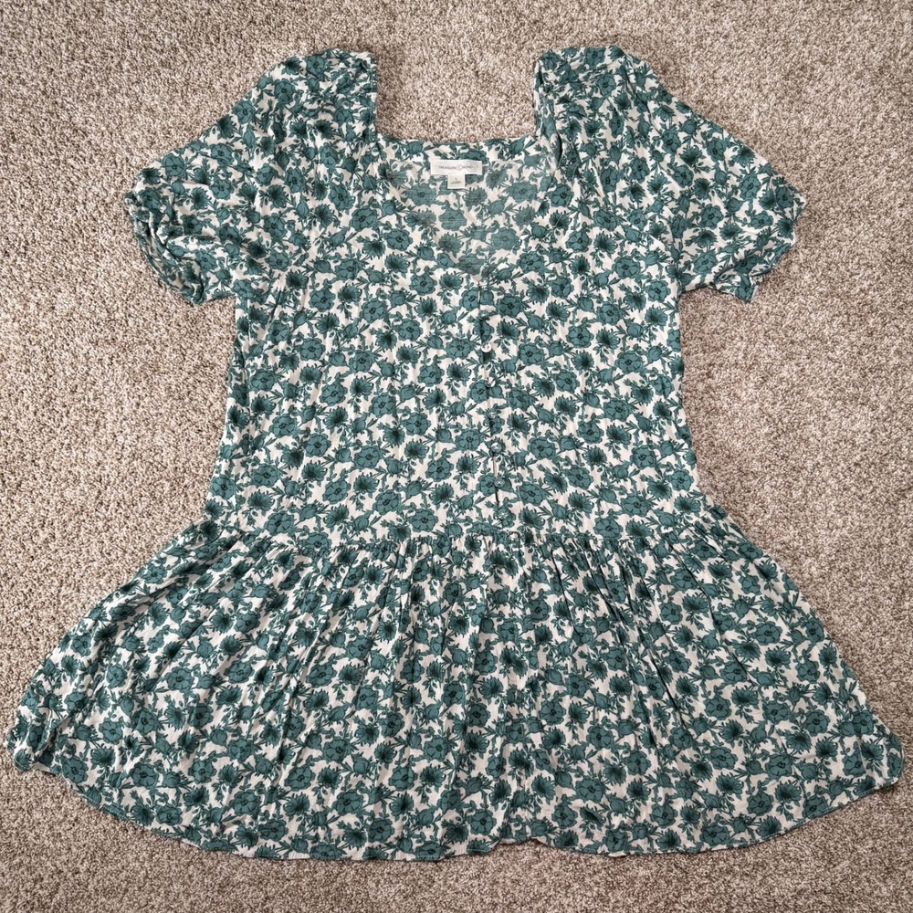 Treasure & Bond Womens Size L Teal Floral Flowly Dop Waist Mini Button Front
